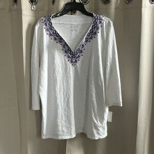 TAlbots Womens Top Size XLP‎ White Purple 100% Cotton Peasant Cottagecore 17109
